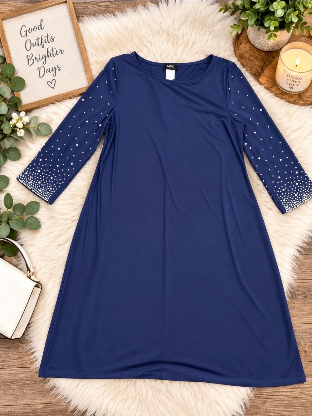 MSK Navy Blue A-Line Dress with Embellished Sleeves